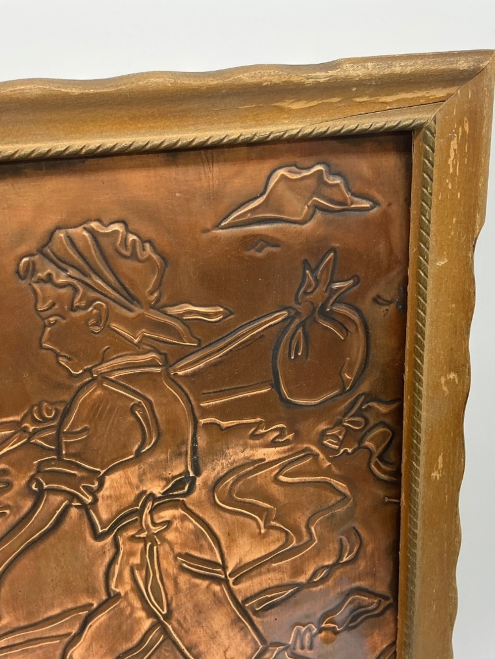 Framed Copper Relief Plaque Traveling Boy - Picture 3 of 7